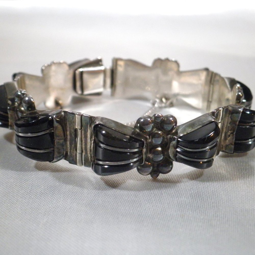 Vintage Art Deco Sterling & Black Stone Bracelet - Signed